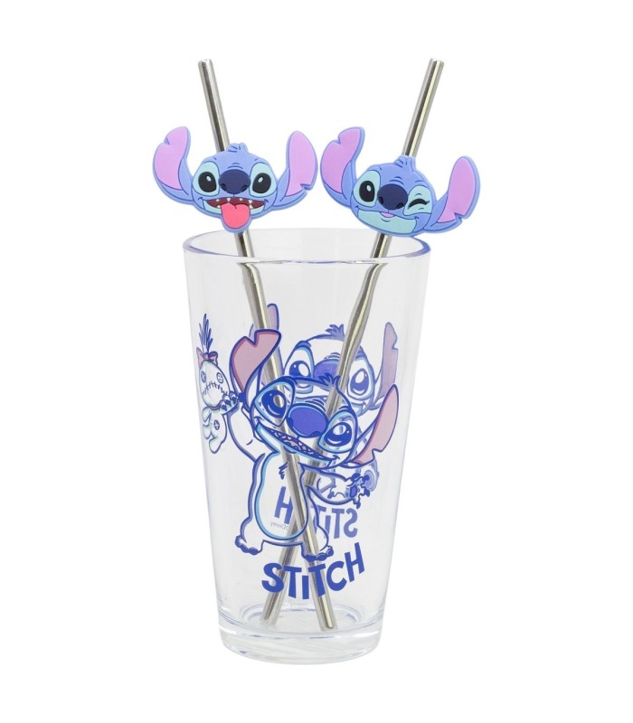 GLASS & TWIN STRAWS SET 480 ML STITCH ALOHA
