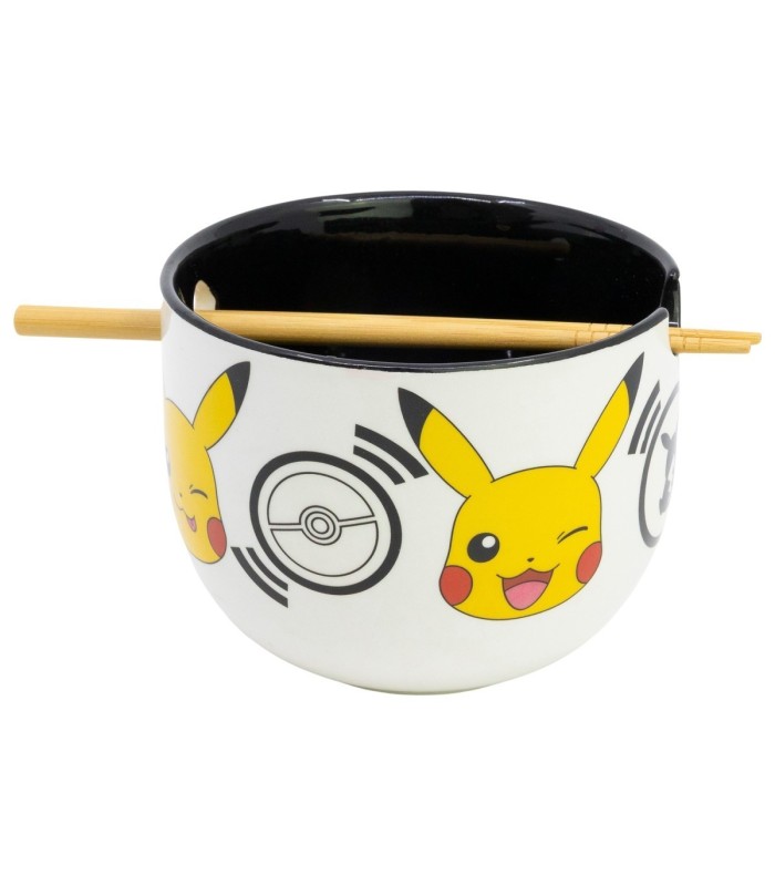 CERAMIC RAMEN BOWL WITH CHOPSTICKS IN GIFT BOX POKEMON BLACK LOGOS