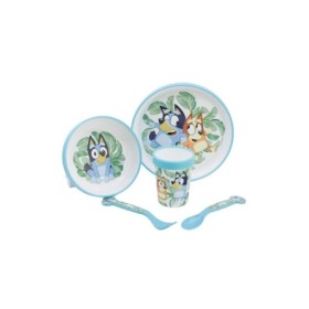 NON SLIP 5 PCS BICOLOR PREMIUM SET (PLATE, BOWL, TUMBLER, CUTLERY) IN STANDARD BOX BLUEY
