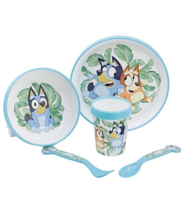NON SLIP 5 PCS BICOLOR PREMIUM SET (PLATE, BOWL, TUMBLER, CUTLERY) IN STANDARD BOX BLUEY