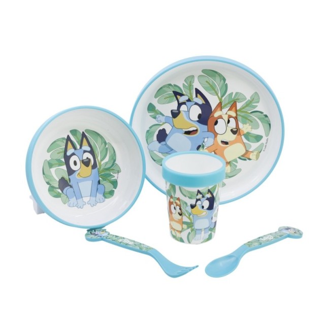 NON SLIP 5 PCS BICOLOR PREMIUM SET (PLATE, BOWL, TUMBLER, CUTLERY) IN STANDARD BOX BLUEY