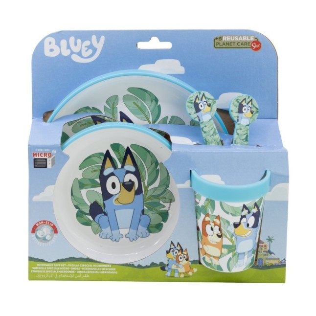 NON SLIP 5 PCS BICOLOR PREMIUM SET (PLATE, BOWL, TUMBLER, CUTLERY) IN STANDARD BOX BLUEY