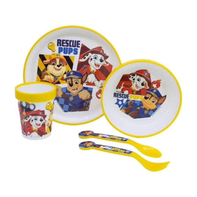NON SLIP 5 PCS BICOLOR PREMIUM SET (PLATE, BOWL, TUMBLER, CUTLERY) IN STANDARD BOX PAW PATROL BOY RESCUE PUPS