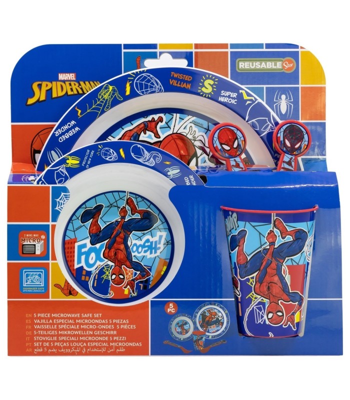 5 PCS MCIRO SET (PLATE, BOWL, TUMBLER, CUTLERY) SPIDERMAN MOB RULES