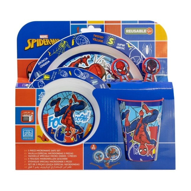 5 PCS MCIRO SET (PLATE, BOWL, TUMBLER, CUTLERY) SPIDERMAN MOB RULES