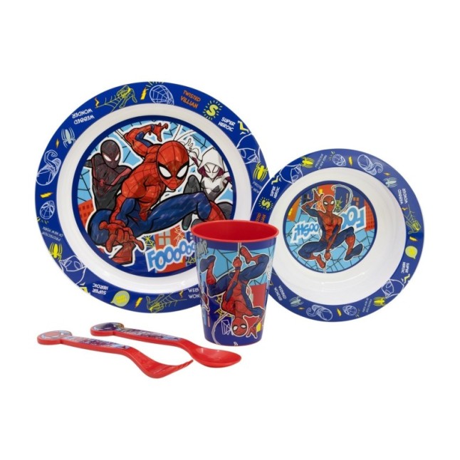 5 PCS MCIRO SET (PLATE, BOWL, TUMBLER, CUTLERY) SPIDERMAN MOB RULES