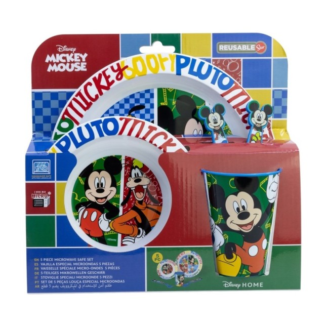 5 PCS MCIRO SET (PLATE, BOWL, TUMBLER, CUTLERY) MICKEY HAS FUN