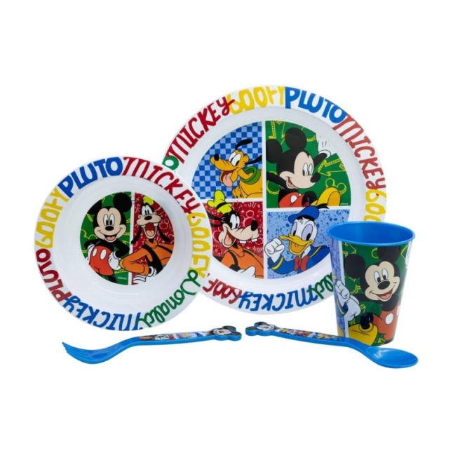 5 PCS MCIRO SET (PLATE, BOWL, TUMBLER, CUTLERY) MICKEY HAS FUN