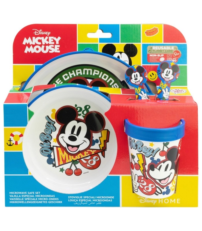 NON SLIP 5 PCS BICOLOR PREMIUM SET (PLATE, BOWL, TUMBLER, CUTLERY) IN STANDARD BOX MICKEY TRUE CHAMPIONS