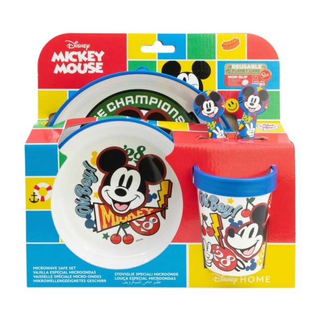 NON SLIP 5 PCS BICOLOR PREMIUM SET (PLATE, BOWL, TUMBLER, CUTLERY) IN STANDARD BOX MICKEY TRUE CHAMPIONS