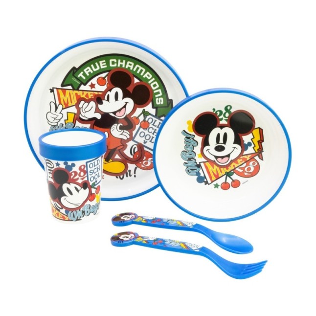 NON SLIP 5 PCS BICOLOR PREMIUM SET (PLATE, BOWL, TUMBLER, CUTLERY) IN STANDARD BOX MICKEY TRUE CHAMPIONS