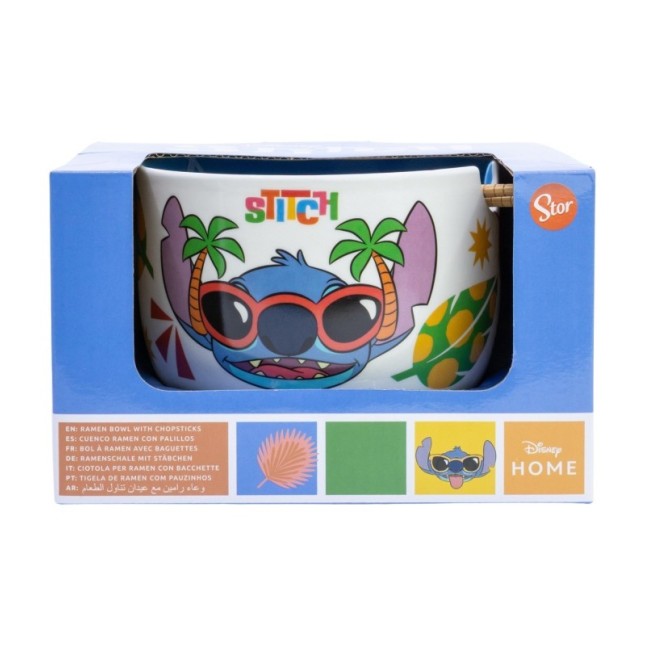 CERAMIC RAMEN BOWL WITH CHOPSTICKS IN GIFT BOX STITCH SUNNY LEAVES