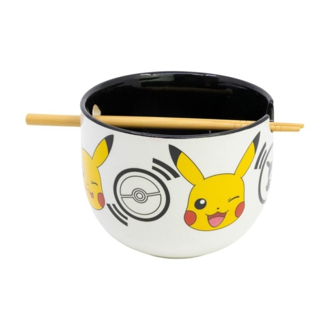 CERAMIC RAMEN BOWL WITH CHOPSTICKS IN GIFT BOX POKEMON BLACK LOGOS