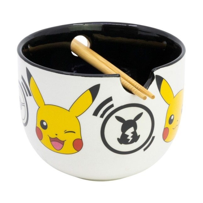 CERAMIC RAMEN BOWL WITH CHOPSTICKS IN GIFT BOX POKEMON BLACK LOGOS