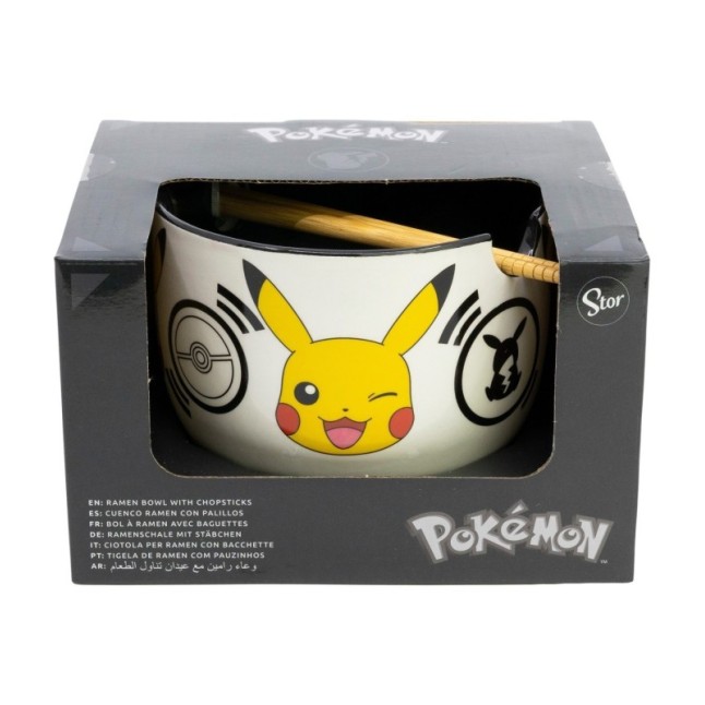 CERAMIC RAMEN BOWL WITH CHOPSTICKS IN GIFT BOX POKEMON BLACK LOGOS