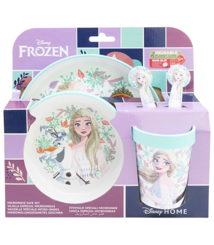 NON SLIP 5 PCS BICOLOR PREMIUM SET (PLATE, BOWL, TUMBLER, CUTLERY) IN STANDARD BOX FROZEN SNOWY TALE