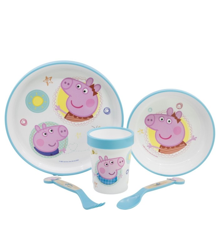 NON SLIP 5 PCS BICOLOR PREMIUM SET (PLATE, BOWL, TUMBLER, CUTLERY) IN STANDARD BOX PEPPA PIG CORE