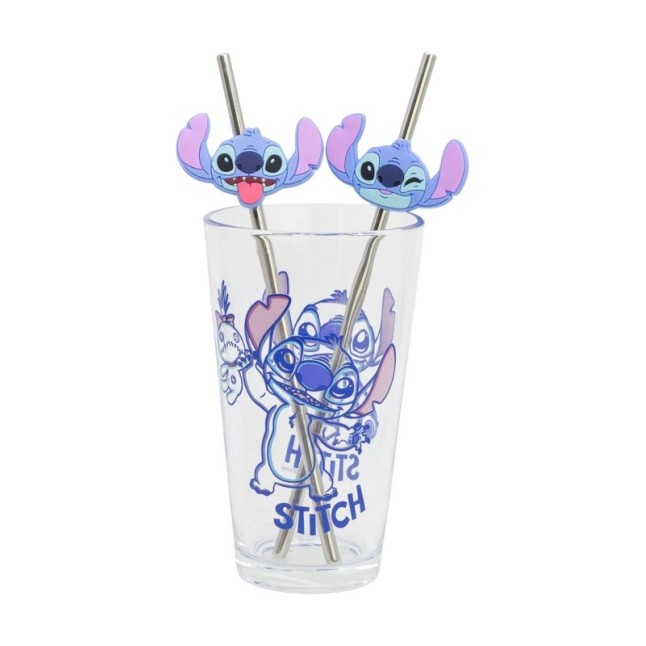 GLASS & TWIN STRAWS SET 480 ML STITCH ALOHA