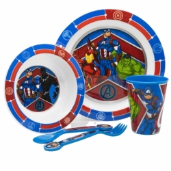 SET MICRO 5 PCS (PLATO, CUENCO, VASO 260 ML Y CUBIERTOS) AVENGERS HERALDIC ARMY