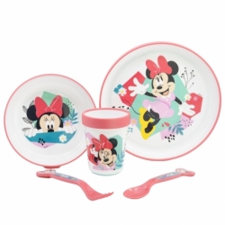 SET 5 PCS ANTIDESLIZANTE PREMIUM BICOLOR (PLATO, CUENCO, VASO 260 ML Y CUBIERTOS) EN CAJA MINNIE MOUSE BEING MORE MINNIE