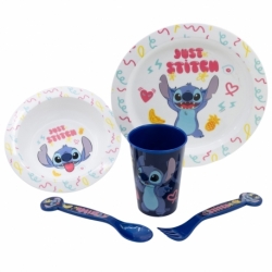 SET MICRO 5 PCS (PLATO, CUENCO, VASO 260 ML Y CUBIERTOS) STITCH PALMS