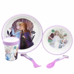 SET 5 PCS ANTIDESLIZANTE PREMIUM BICOLOR (PLATO, CUENCO, VASO 260 ML Y CUBIERTOS) EN CAJA FROZEN TRUST THE JOURNEY