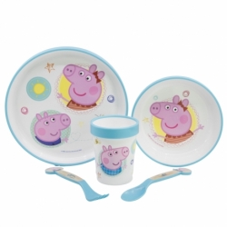 SET 5 PCS ANTIDESLIZANTE (PLATO, CUENCO, VASO Y CUBIERTOS) PREMIUM BICOLOR EN CAJA PEPPA PIG CORE